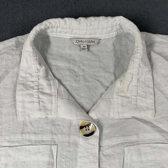John Mark Womens M White Crinkle Cap Sleeve Button Front Lightweight Shirt Top - Picture 2 of 10